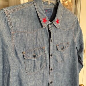Lucky Brand Embroidered Blue Denim Shirt Vintage L